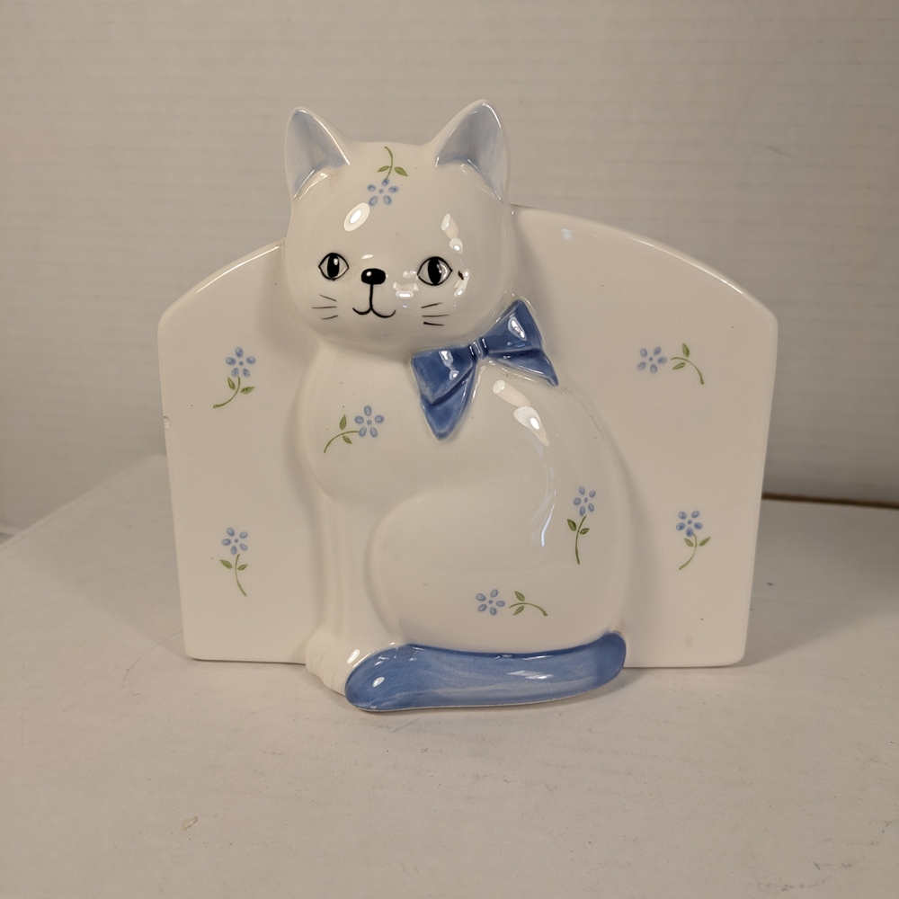 Ceramic Cat pen/ make up/ stationary Holder with Blue Accents by Otagiri